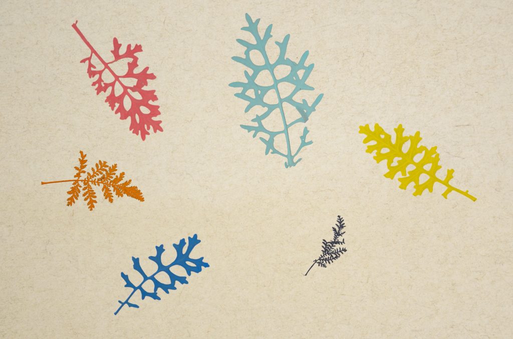 Colorful leaf illustrations on textured beige background