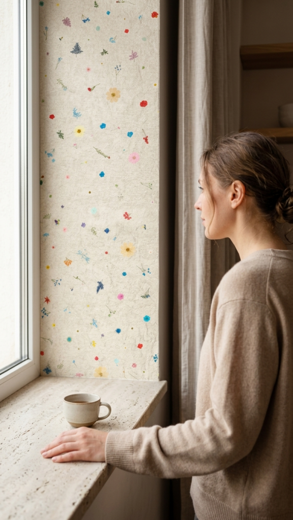 Frau schaut nachdenklich aus dem Fenster mit Blumenmuster, Tasse auf Fensterbank