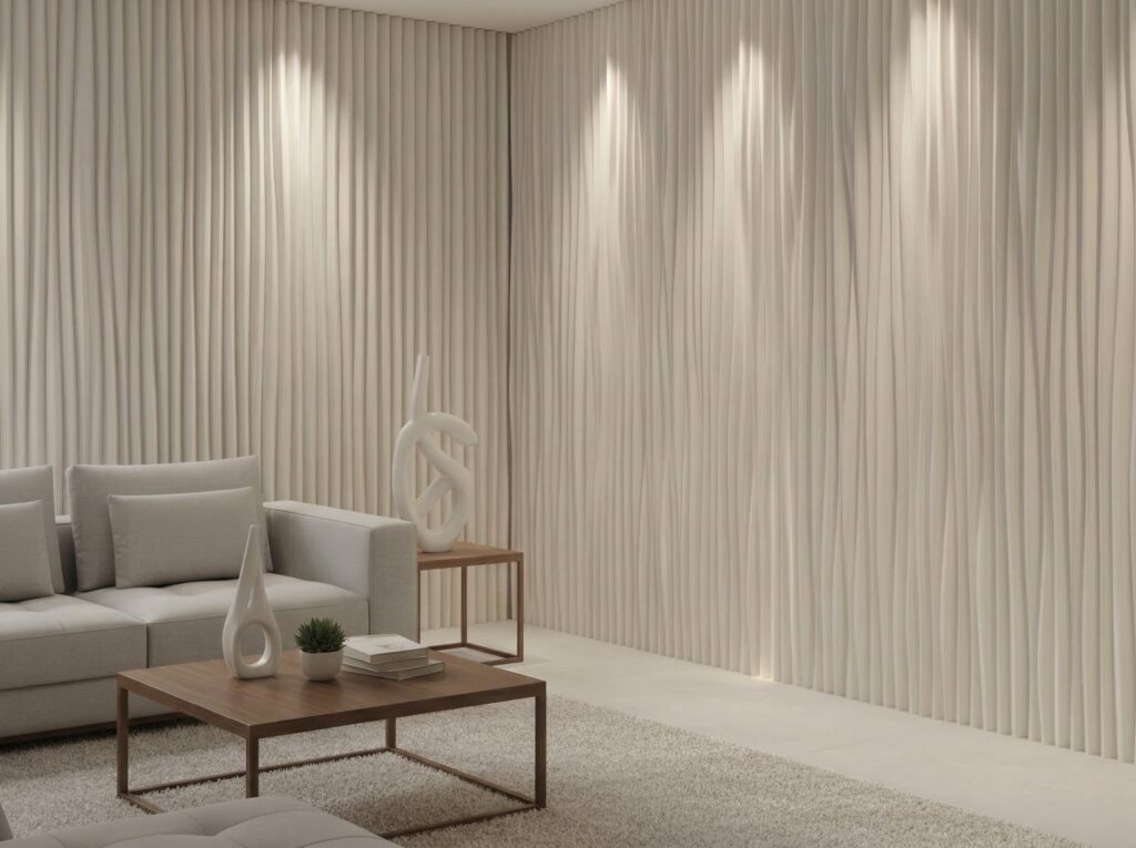 Moderner, heller Wohnraum mit Sofa, Beistelltisch und dekorativen Skulpturen vor einer texturie...