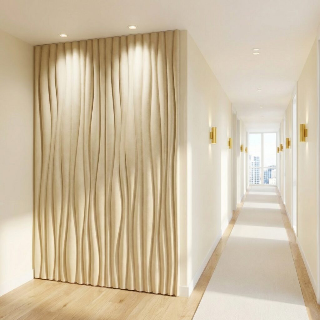 Heller Flur mit goldenen Wandleuchten und Blick auf Stadt durch Fenster am Ende