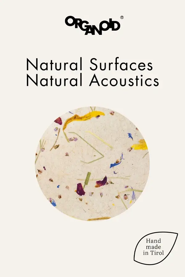 Organoid GmbH Logo, Text "Natürliche Oberflächen Natürliche Akustik", kreisförmiges Bild mit bu...