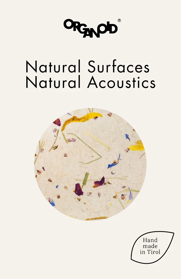 Organoid GmbH Logo, Text "Natürliche Oberflächen Natürliche Akustik", kreisförmiges Bild mit bu...