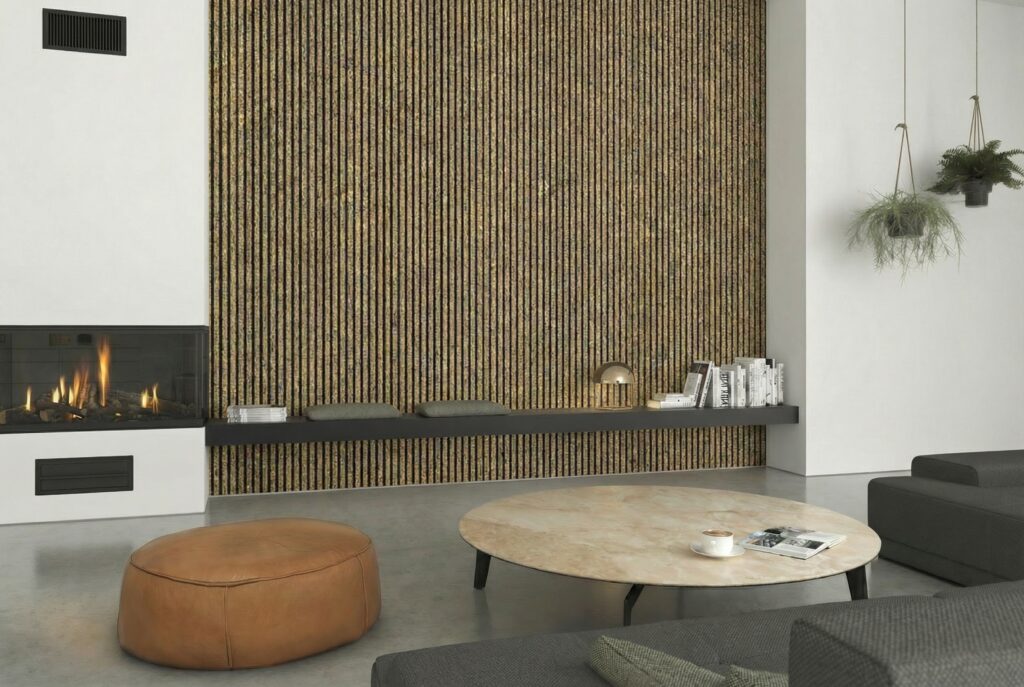 Moderner Wohnzimmerbereich mit Kamin, Sitzkissen, Couchtisch und Pflanzen an der Wand