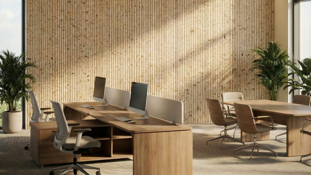 Moderne Bürofläche mit Holzmöbeln, Computerarbeitsplätzen und Pflanzen vor einer Holzvertäfelung