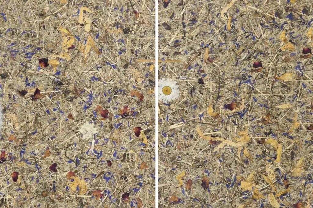 Vergleich von getrockneten Pflanzen mit blauen und weißen Blüten, links und rechts.