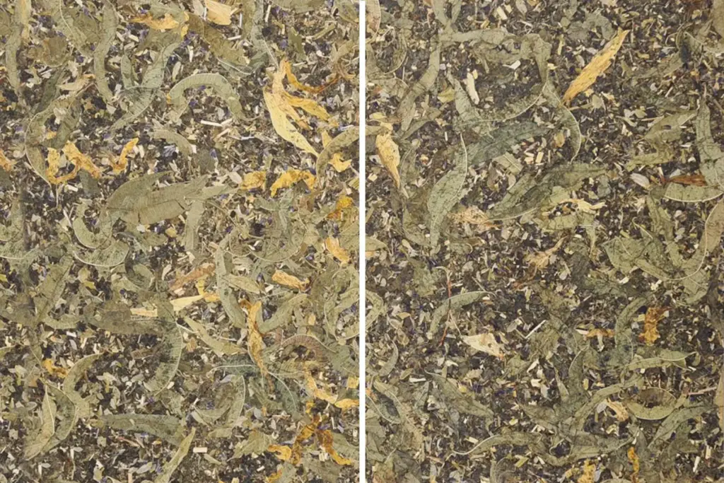 Vergleich von getrockneten Kräutern oder Blättern in zwei Bereichen, links und rechts