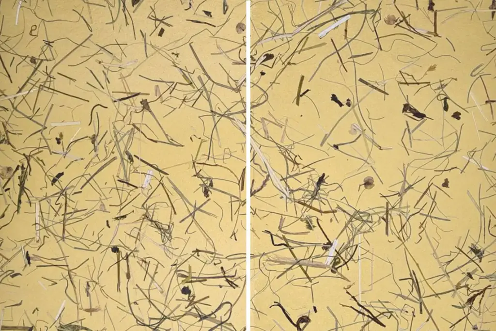 Vergleich von zwei Bildern mit verstreuten, dünnen, schwarzen und weißen Fäden auf gelbem Hinte...