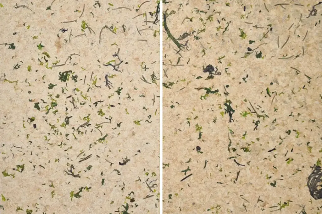 Vergleich von zwei Bodenproben mit kleinen grünen und schwarzen Pflanzenresten.