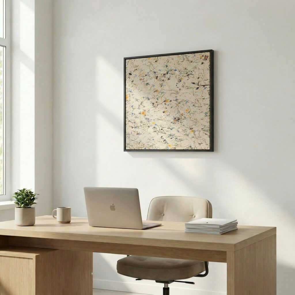 Ein heller, minimalistischer Arbeitsbereich mit einem Holzschreibtisch, Laptop, Pflanzen und Ku...