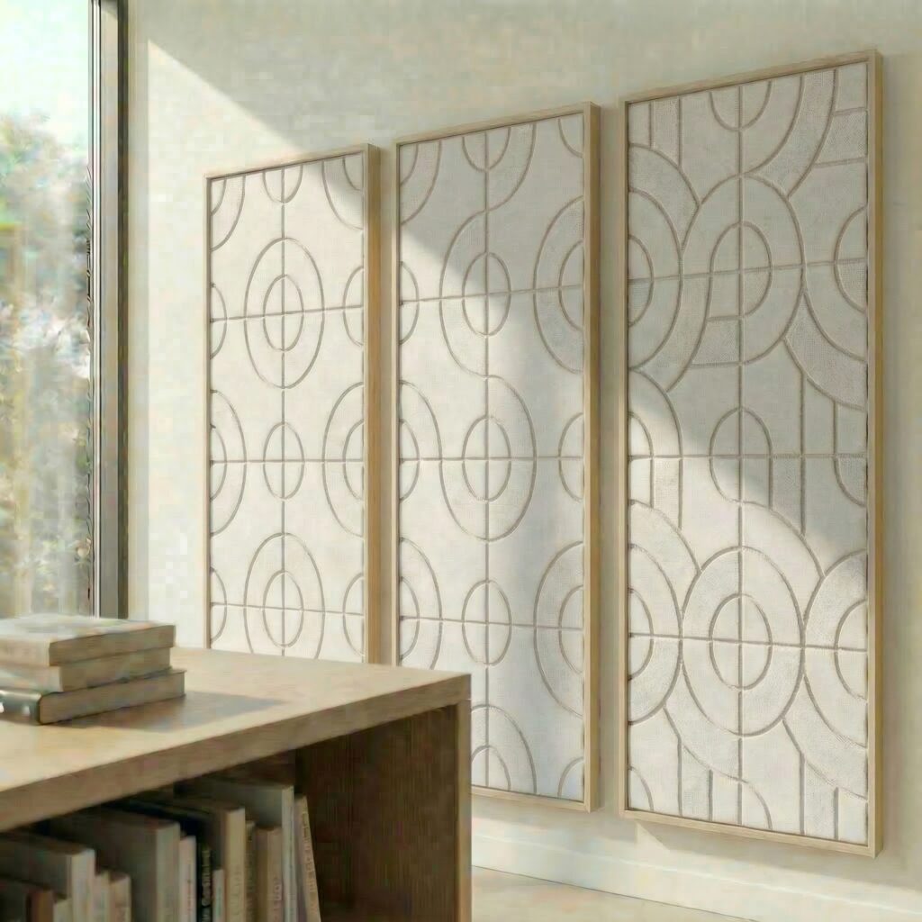 Drei dekorative Raumteiler mit geometrischen Mustern aus Holz und Stoff in einem hellen Raum