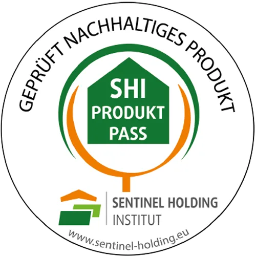 Siegel mit "SHI Produkt Pass" und "Geprüft nachhaltiges Produkt" für Sentinel Holding Institut