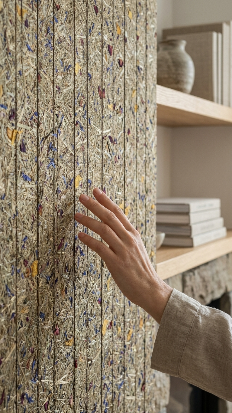 Hand berührt eine vertikale, strukturierte Oberfläche aus gepresstem Pflanzenmaterial mit blaue...