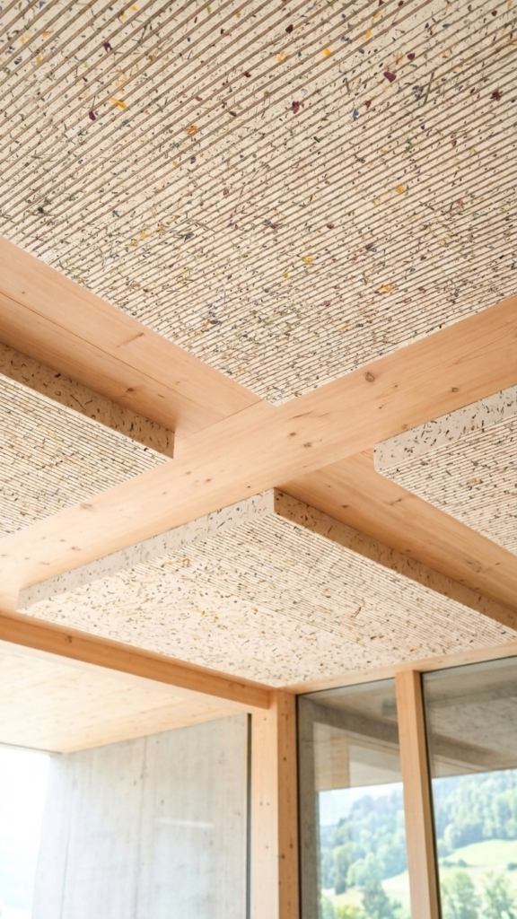 Decke mit Holzrahmen und perforiertem Material, Blick nach drauรen auf grรผne Landschaft