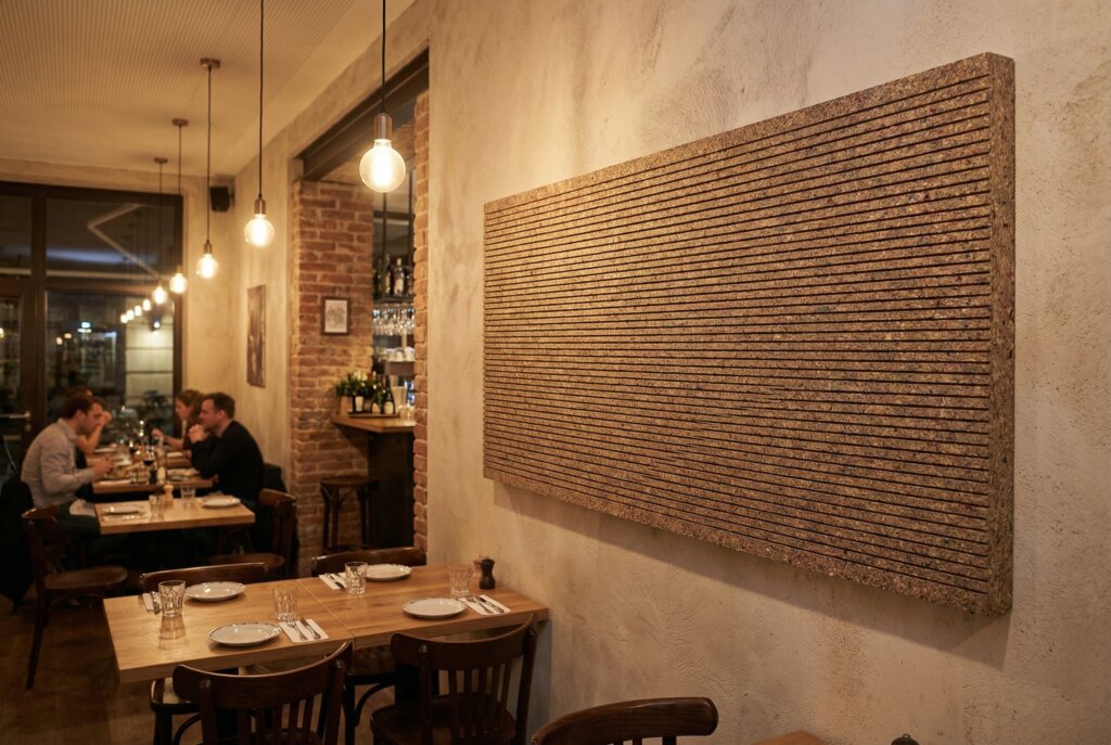 Gemรผtliches Restaurant mit Holztischen, Lampen und einer Wanddekoration aus Holzplatten