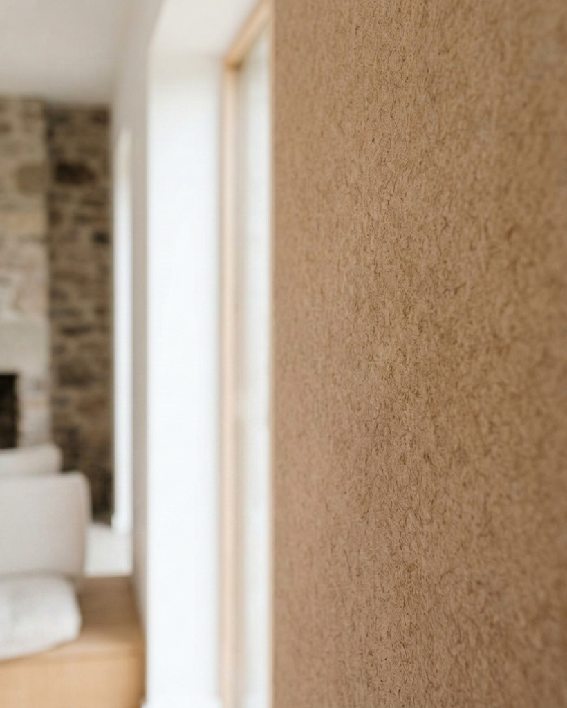 Nahaufnahme einer braunen Wand mit strukturierter Oberfläche, unscharfer Hintergrund.