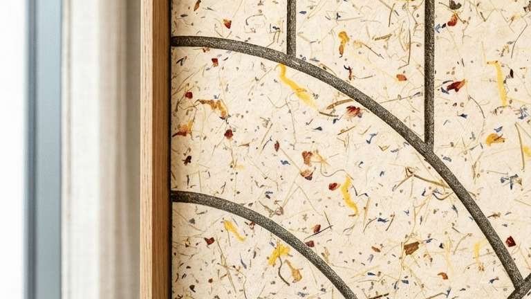 Kunstvolle Wand mit schwarzen Linien und bunten, verstreuten Farbflecken in einem Raum