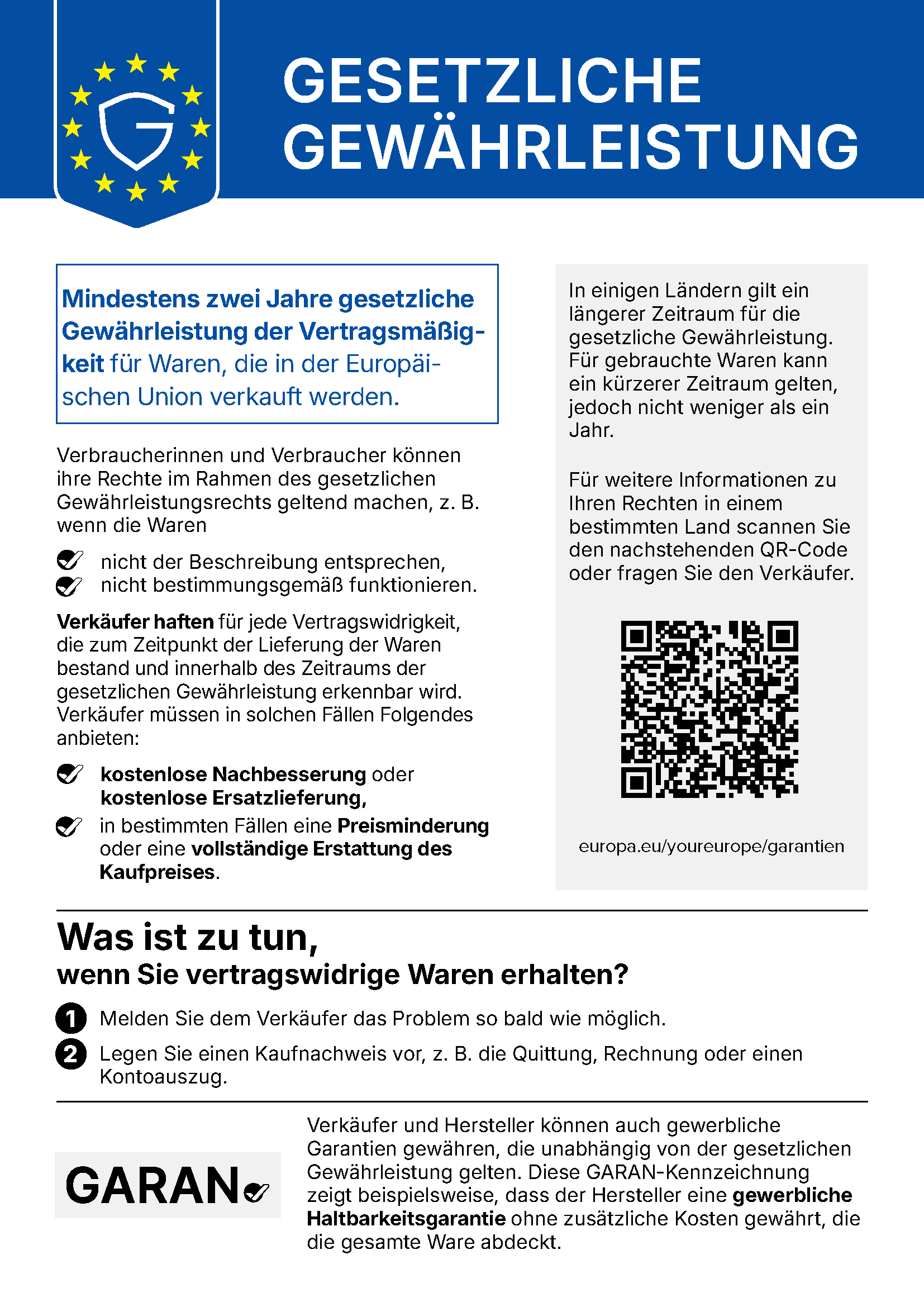 Gesetzliche Gewährleistung – EU-Einheitshinweis