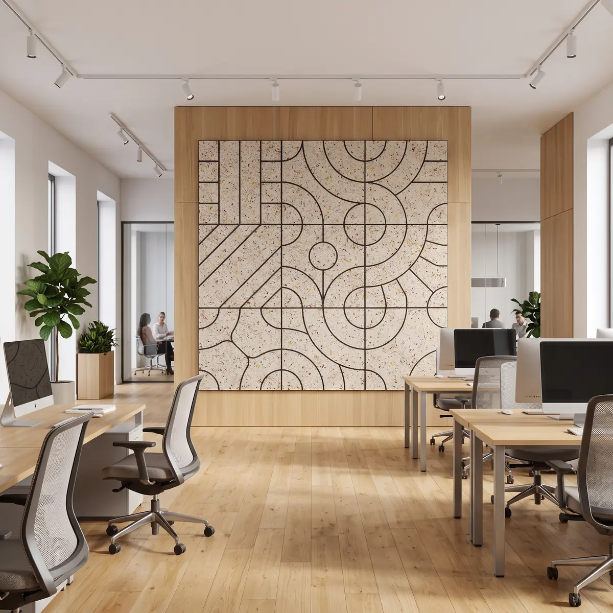 Acoustic Tiles als 3×3-Fläche in einem Büro