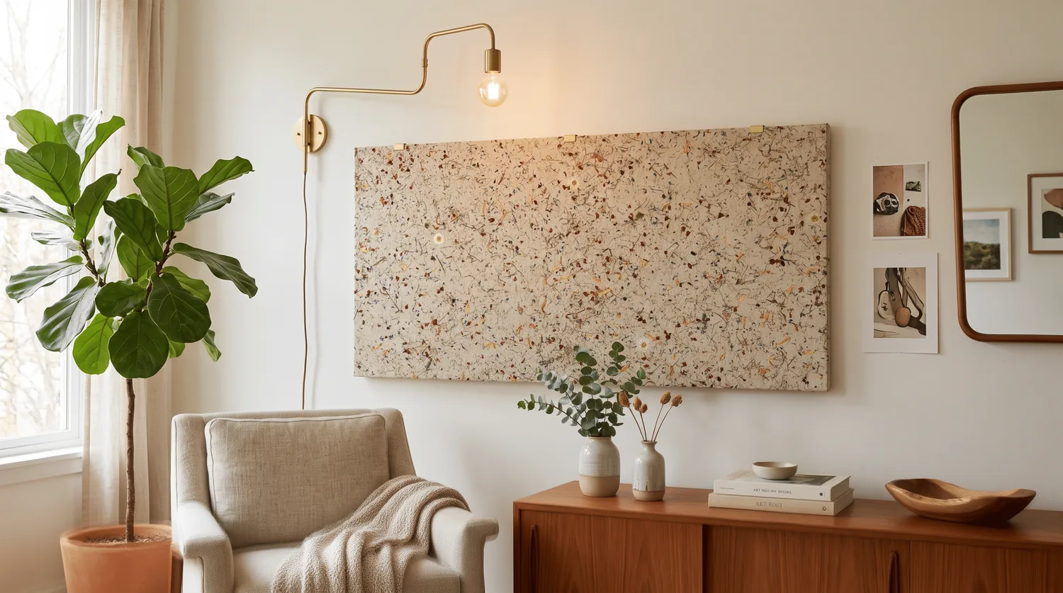 Akustik Bild mit ALMWIESE light über einem Sideboard im Wohnraum