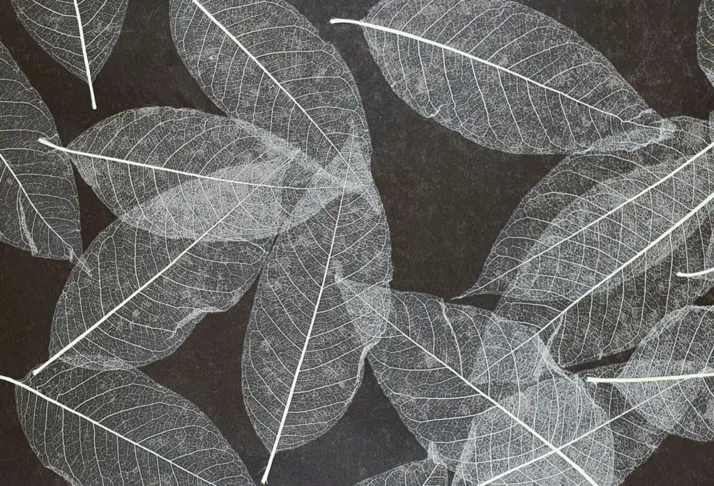 Skeleton Leaves medium on Flexi brown – ORGANOID natural wallpaper, close-up of the surface texture